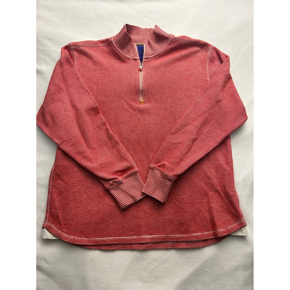 Robert Graham Mens Red White Micro Stripe Waffle Knit Quarter Zip Pullover Large
